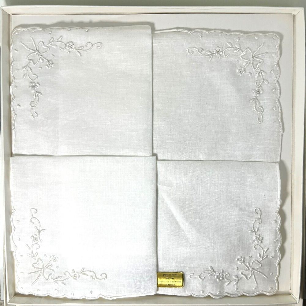 Vintage Bridal All Linen Floral Embroidered Scalloped Edges Handkerchief - NIB